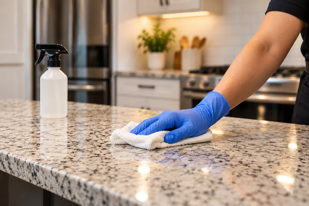 Gloved hand polishing a granite kitchen countertop