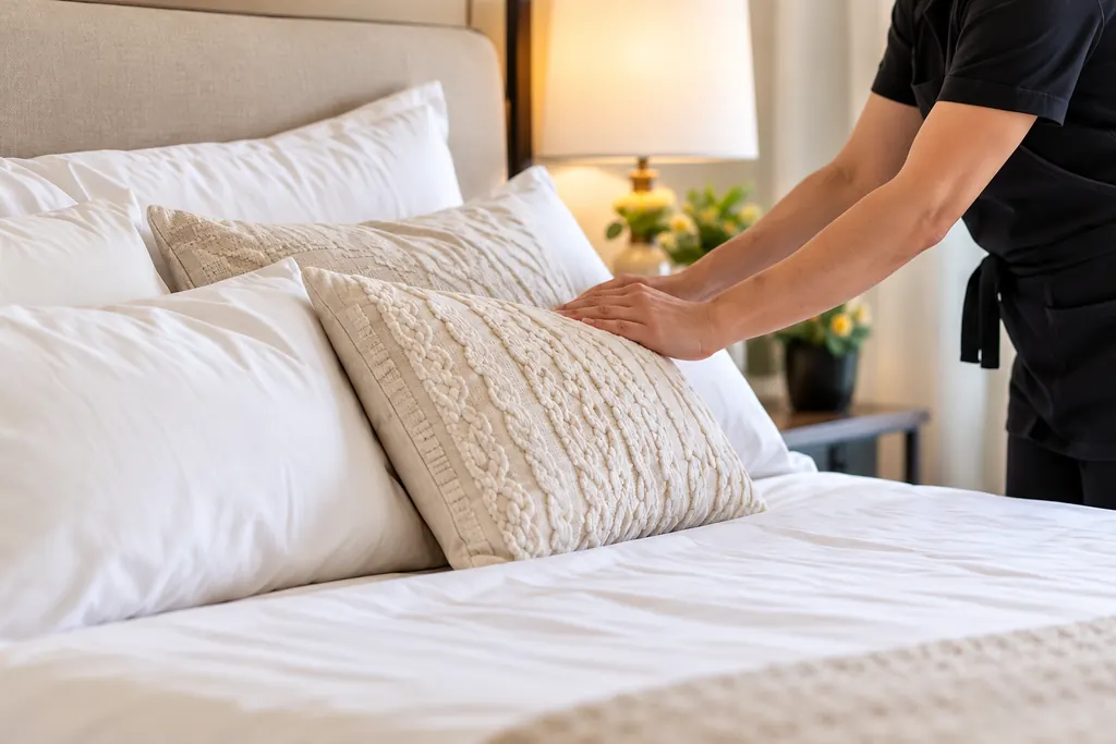 Cleaner fluffing pillows on a freshly made bed in a bright bedroom