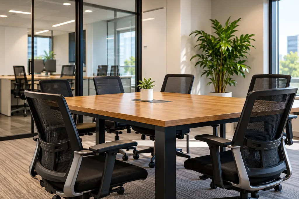 Bright conference room with a wooden table, black office chairs and a potted plant