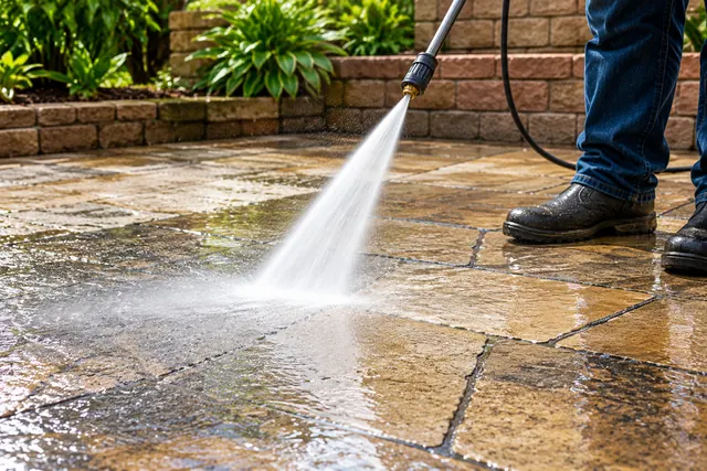 Pressure washer cleaning a stone patio