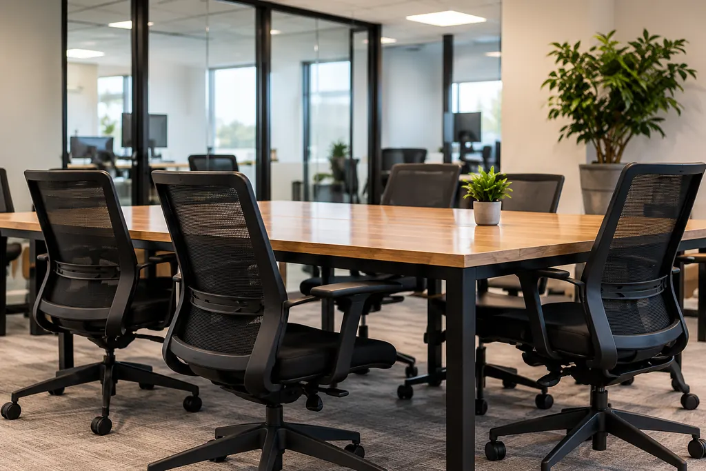 Modern office conference room with a wooden table, mesh chairs and a potted plant