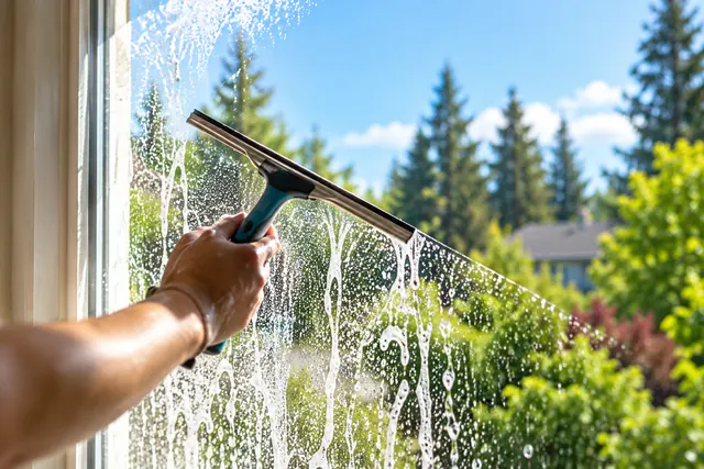 Squeegee clearing soapy water from a sunny window